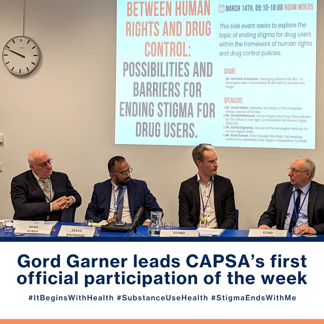 Gord Garner leads CAPSA’s first participation of #CND66

We're grateful to join this panel from @k_arctander of <a href="/RIOorg/">RIO</a>, ‘Between Human Rights and Drug Control: Possibilities &amp; Barriers for Ending Stigma for Drug Users’

#ItBeginsWithHealth #SubstanceUseHealth #StigmaEndsWithMe