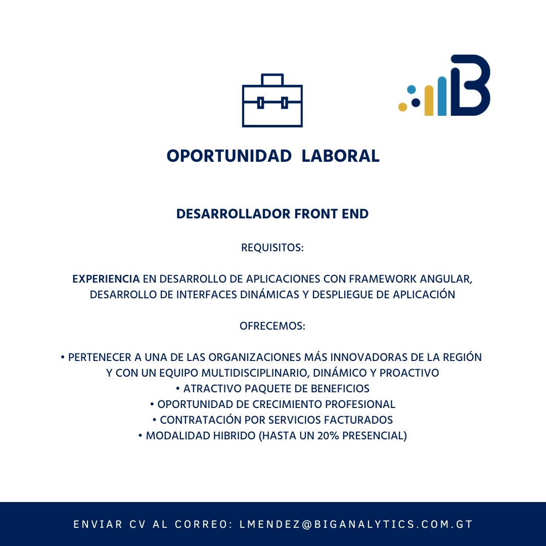 BigAnalyticsGT's tweet photo. 📣 Estamos buscando desarrolladores Back End y Front End para desarrollar proyectos innovadores de la región. Contáctanos enviando tu CV por correo electrónico. 📩 #cv #frontend #backend #desarrolladoresweb #oportunidadeslaborales #oportunidaddetrabajo #oportunidaddeempleo https://t.co/BLL5W30bDz
