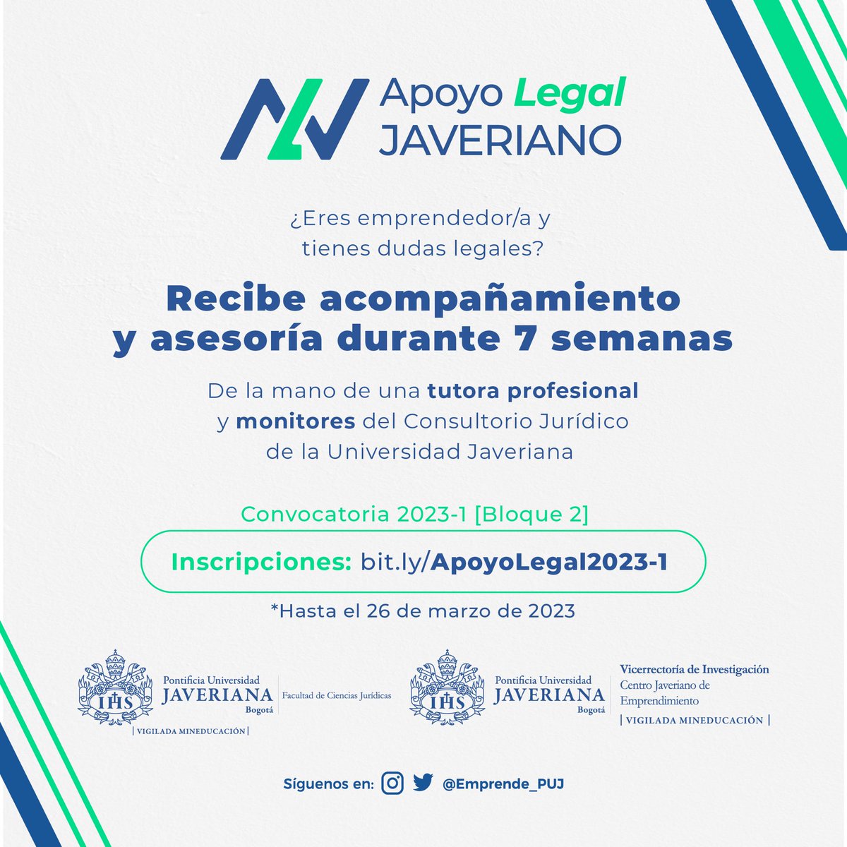 ¿Eres emprendedor/a y necesitas Apoyo legal?

Inscríbete a este programa del <a href="/Emprende_PUJ/">Centro Javeriano de Emprendimiento</a> , y recibe acompañamiento durante 7 semanas.

Diligencia el formulario hasta el 26 de marzo en el link: bit.ly/ApoyoLegal2023…

Apoyado por <a href="/FacJuridicasPUJ/">Facultad de Ciencias Jurídicas PUJ</a> 

#ApoyoLegalJaveriano