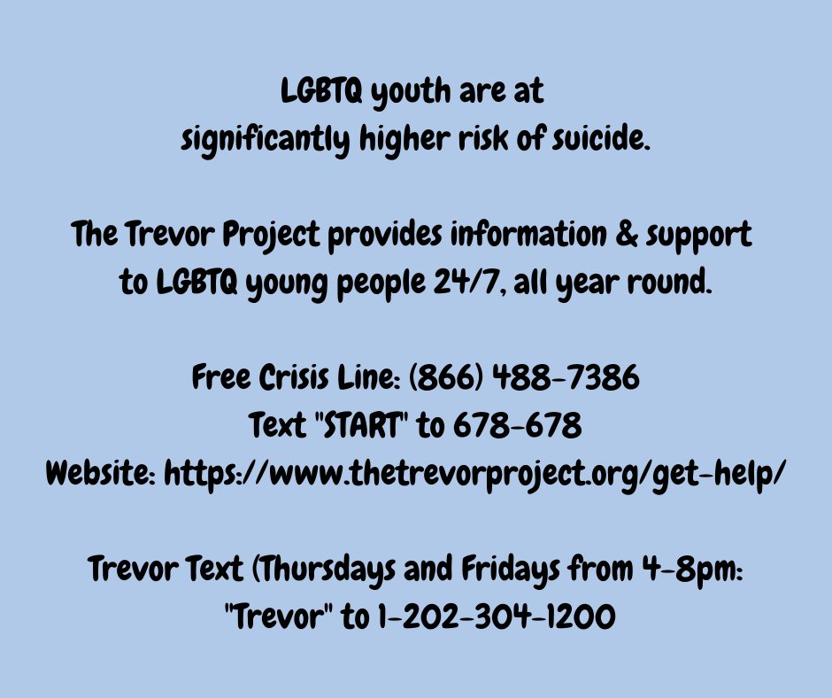 UKBHWELL's tweet photo. LGBTQIA+ youth are at significantly higher risk of #Suicide. The #TrevorProject provides information &amp; support to #LGBTQ #Youth (25&amp;<).
Crisis line: 866-488-7386
Text "START" to 678-678
Website: https://t.co/NYMl0G6Qnt 
Thursdays &amp; Fridays, 4-8 pm, text "TREVOR" to 1-202-304-1200 https://t.co/UQsXnh1iNI