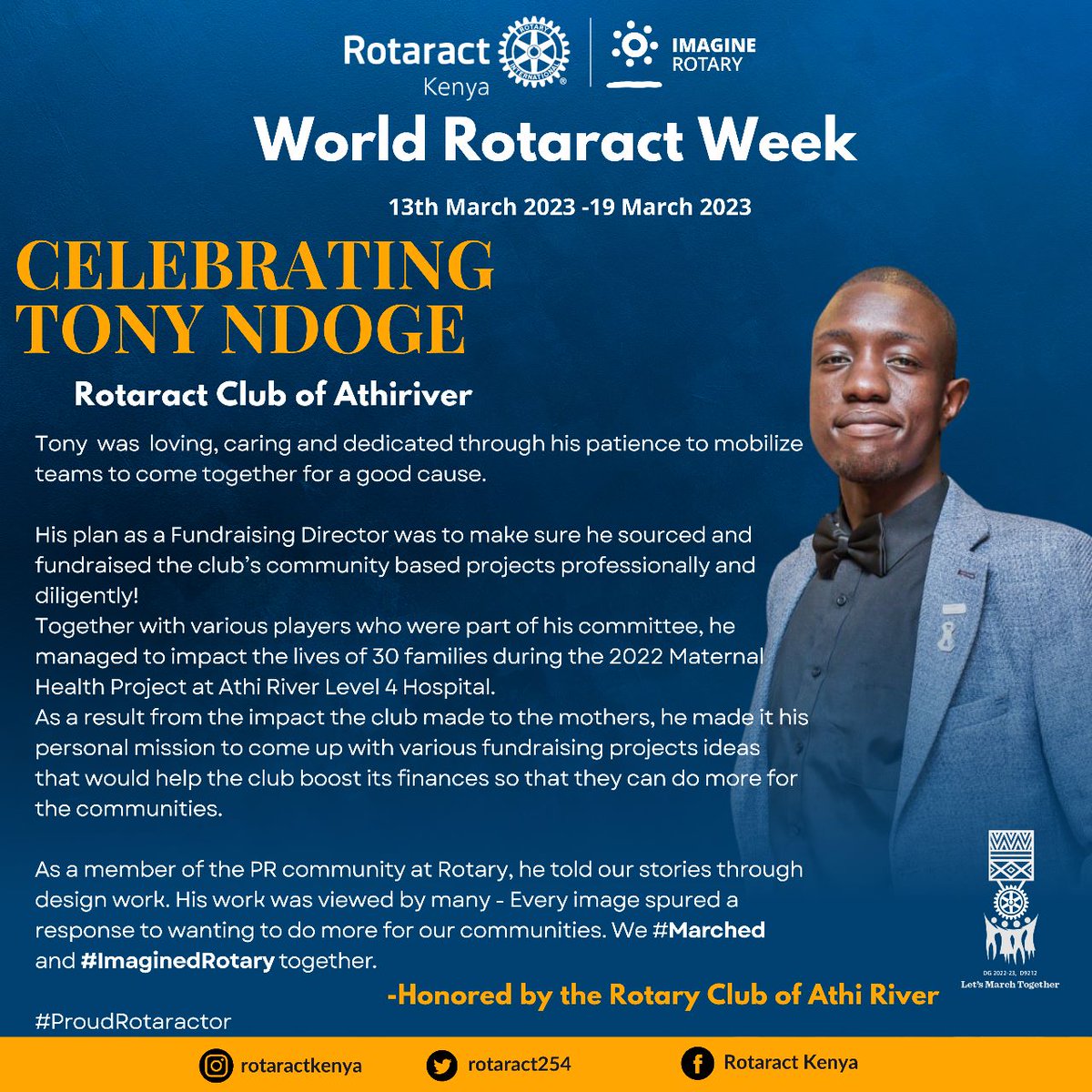 rotaract254's tweet photo. As we celebrate #WorldRotaractWeek# we celebrate an amazing Rotaractor for his commitment to service to his community.
The Rotary Club of Athi River chooses to remember our very own the late Rotaractor Anthony Ngode, RAC AthiRiver - A person of Action🤍 #ProudRotaractor 💜 💛 https://t.co/s14rT4Ebuy