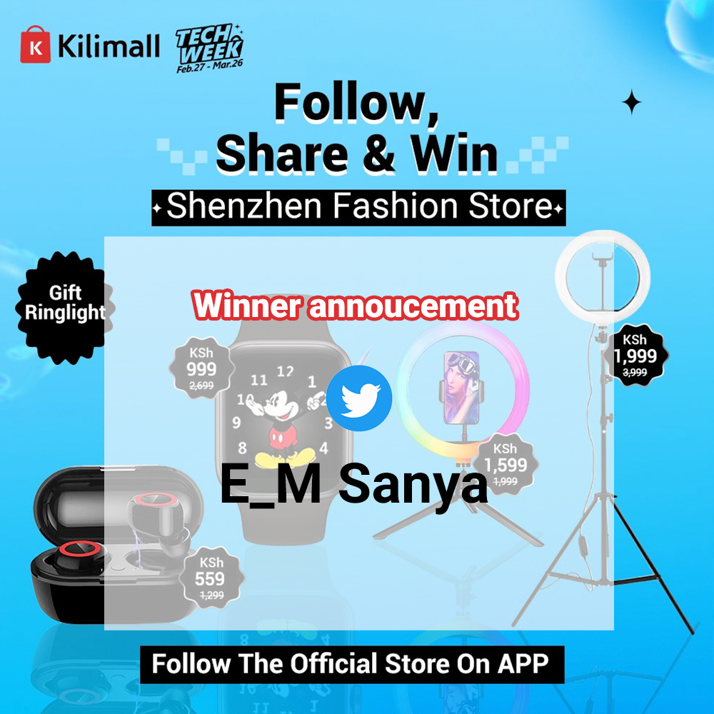 Kilimall's tweet photo. Ring Light winner announced!! Congratulations #EMSanya. Please reach out to our email marketing@kilimall.com  for assistance on how to get the hamper. To all the participants we love you! See more offers and follow this store <https://t.co/iCSpsuVDUZ
#TechWeeksale https://t.co/RQOvOMqmAM