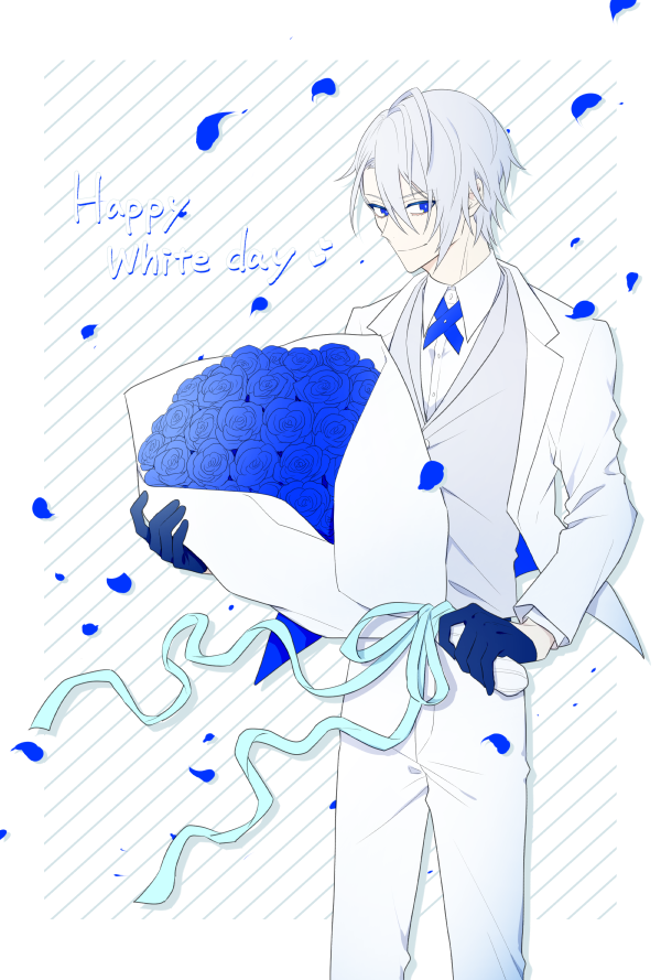 1boy male focus bouquet flower white pants gloves solo  illustration images