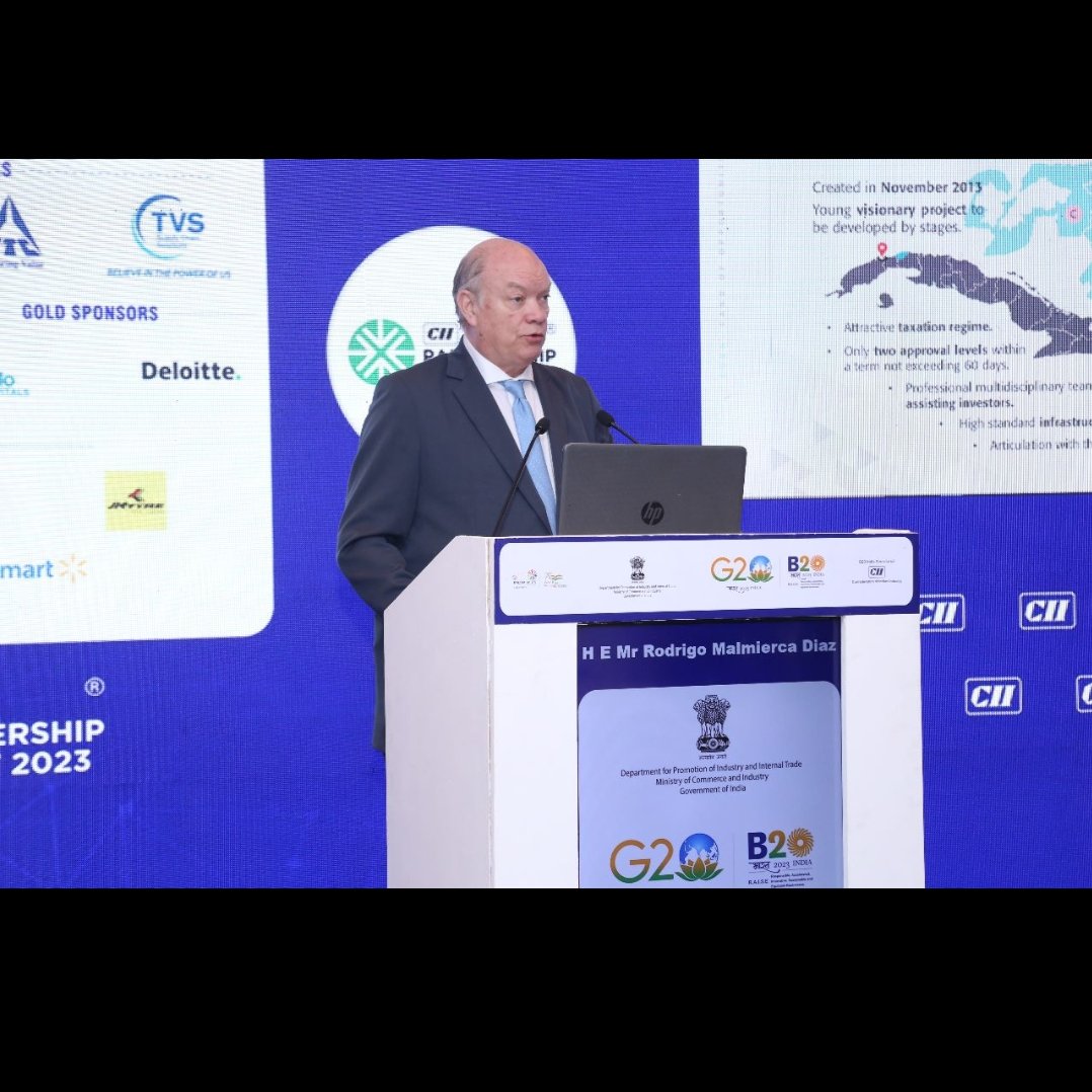 EmbaCubaIndia's tweet image. Minister of Foreign Trade and Foreign Investment, @R_Malmierca, chaired the 🇨🇺Country Session at #PartnershipSummit2023, where he highlighted the friendly environment Cuba has developed for investors and business opportunities for the 🇮🇳companies in terms of trade and investment.
