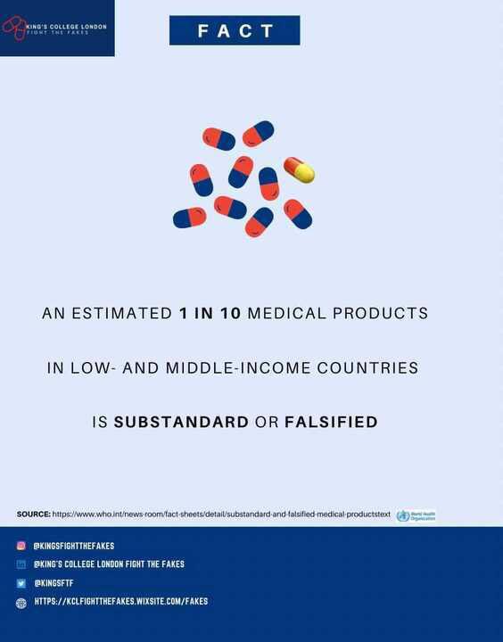Did you know that as of 2018, an estimated 1 in 10 medical products e.g. vaccines, pills etc. in low and middle income countries such as Ethiopa and Nigeria is substandard or falsified? 😱

#kcl #kclftf #substandardmedicines #falsifiedmedicines #WHO #statistics