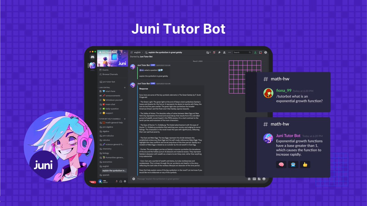 @JuniLearning uses Claude to power their Juni Tutor Bot on Discord, an online tutoring solution. @vivianmshen says, “We evaluated Anthropic against competitors, and for our use case and implementation we chose to incorporate Claude based on its helpful, high-quality responses.”