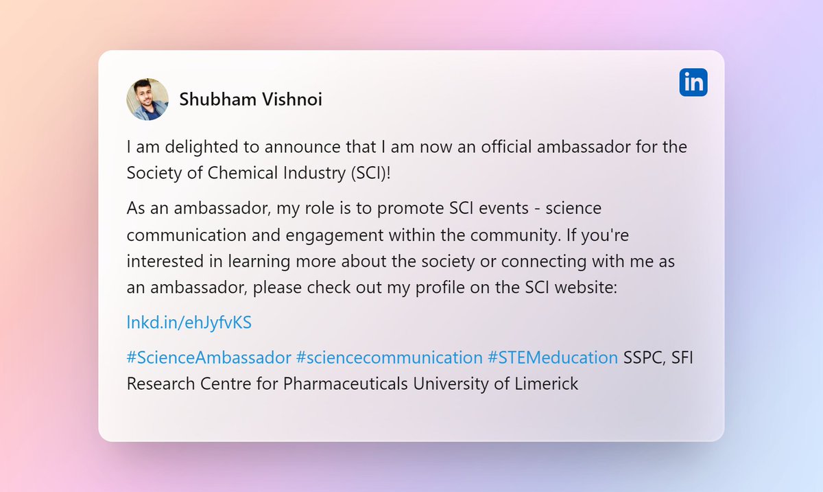 Shubham Vishnoi (@shubh_vishnoi) on Twitter photo I am delighted to announce that I am now an official ambassador for the Society of Chemical Industry (SCI)! <a href="/SCIupdate/">SCI – Where Science Meets Business💡</a>
soci.org/careers-suppor… I am delighted to announce that I am now an official ambassador for the Society of Chemical Industry (SCI)! <a href="/SCIupdate/">SCI – Where Science Meets Business💡</a>
soci.org/careers-suppor…