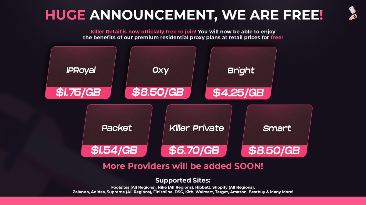 Guess what? 🎉 Killer Retail is now officially Free! To celebrate we are giving away 50GB of data! That’s right, 5x lucky winners will get 10GB of data for free! 🎁 To enter simply: • Follow @Retail_Killer + @Killer_Proxies • Like & Retweet ♻️❤️ • Tag a friend