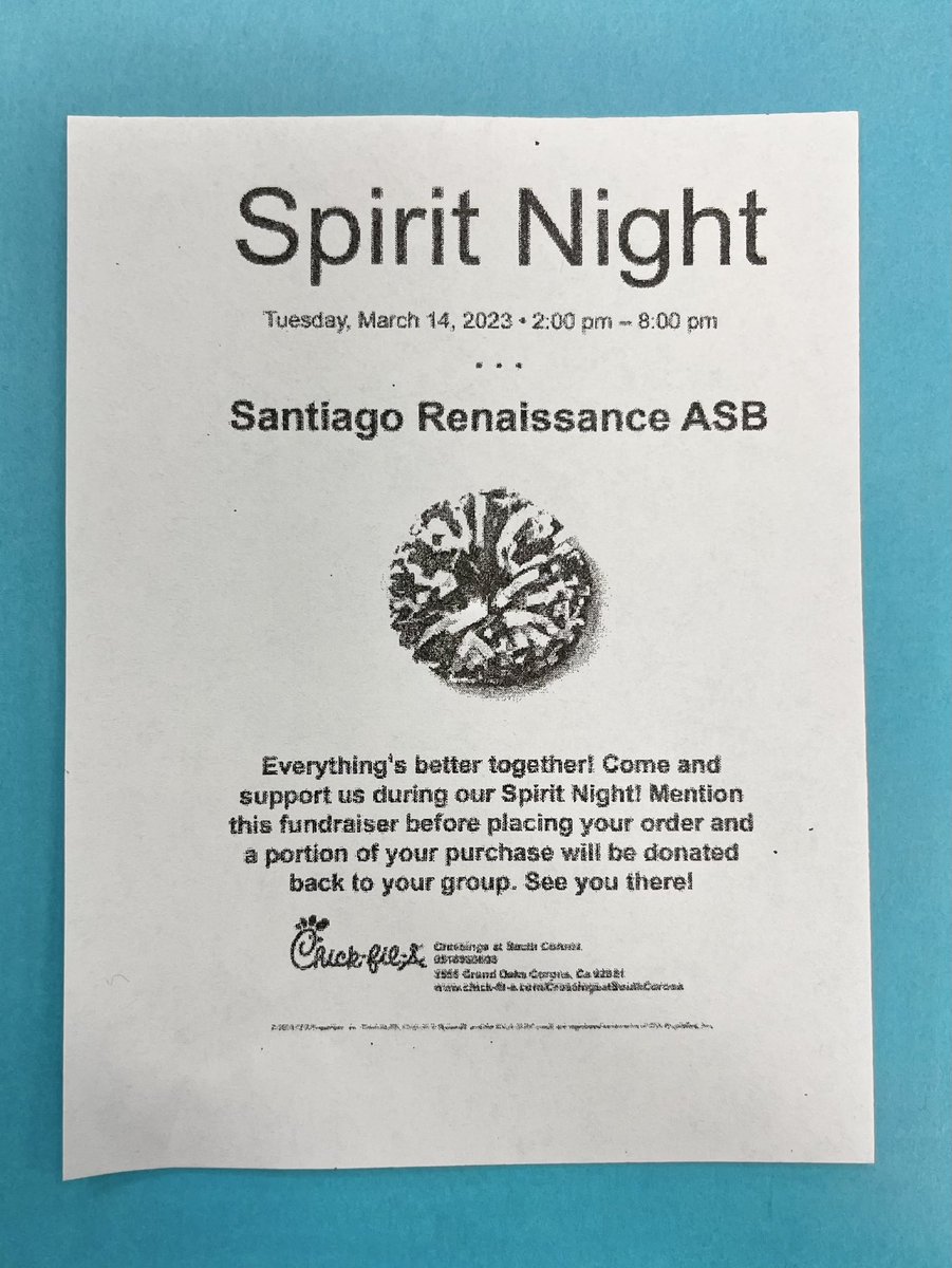 Come support Renaissance today at Chick-Fil-A from 2-8 pm! Make sure to mention the fundraiser when ordering!