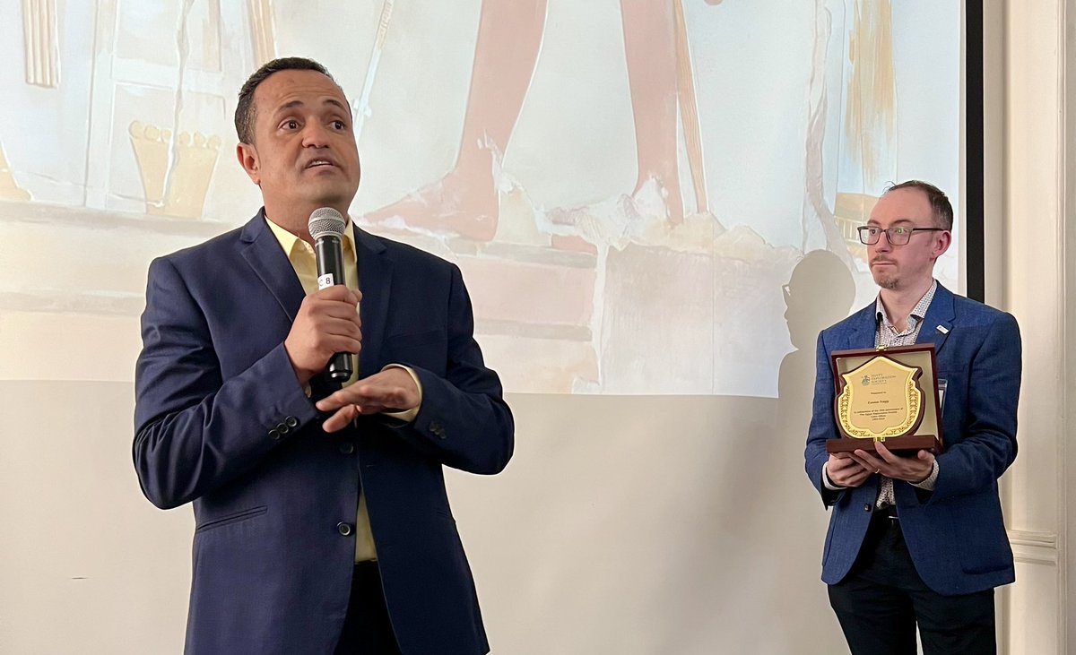 With a backdrop of a Howard Carter painting - we are celebrating today 30 years of the Egypt Exploration Society office in Cairo, our marvellous friends and neighbours here <a href="/BritishCouncil/">British Council</a> - with <a href="/essamnagy678/">Essam Nagy</a> <a href="/CGraves88/">Carl Graves</a> and Campbell Price <a href="/EgyptMcr/">Dr Campbell Price</a>