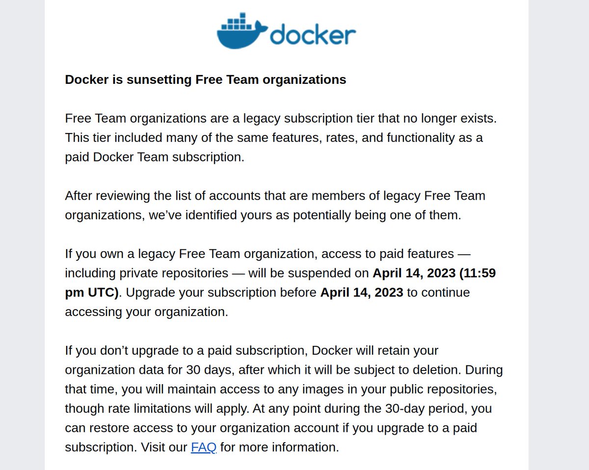 Is Docker saying that the OSS openfaas organisation on Docker Hub will get deleted if we don't sign up for a paid plan? What about Prometheus, and all the other numerous OSS orgs on the Docker Hub? cc @justincormack