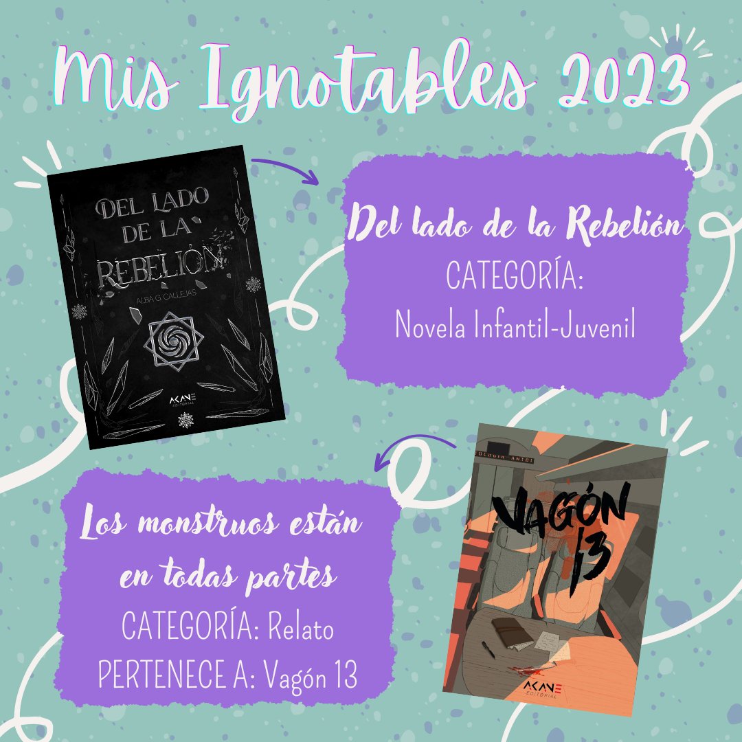 AlbaYorunotsuki's tweet photo. Os dejo por aquí mis Ignotables de este año: «Del lado de la Rebelión» en la categoría de novela infantil-juvenil y «Los monstruos están en todas partes» que pertenece a Vagón 13 en la categoría de relato 😊
#Ignotus2023 #Ignotables
#PremiosIgnotus2023 https://t.co/sUX5r8yk5S