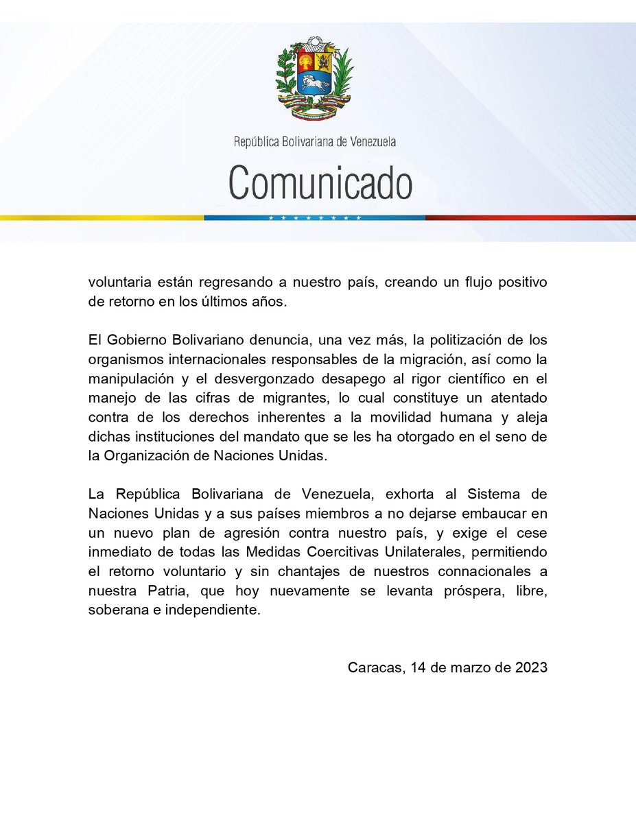 #COMUNICADO🔴| Gobierno de la República Bolivariana de Venezuela, rechaza la convocatoria y realización de la llamada "Conferencia Internacional en Solidaridad con los Refugiados y Migrantes venezolanos y sus países y comunidades de acogida".

#ChávezAntiimperialista