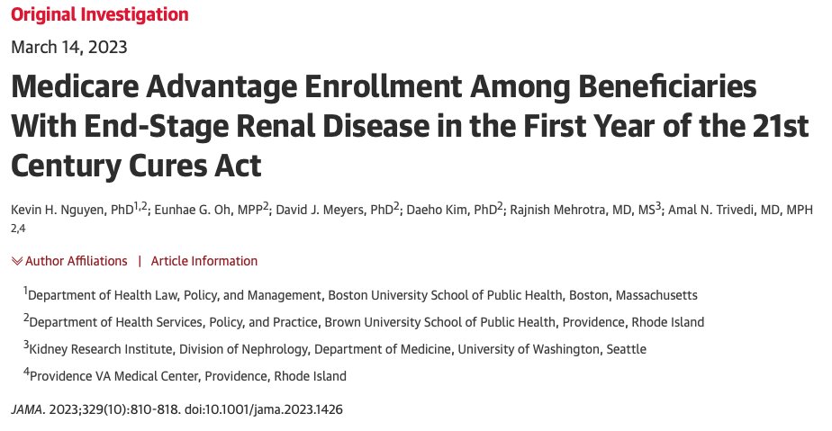 New work in @JAMA_current w/ Grace Oh, @djmeyers2, Daeho Kim, @rajmehrotra1122, and @amal_trivedi where we examine trends in Medicare Advantage (MA) enrollment among beneficiaries with kidney failure in the first year of the 21st Century Cures Act ja.ma/3FpL88y 1/