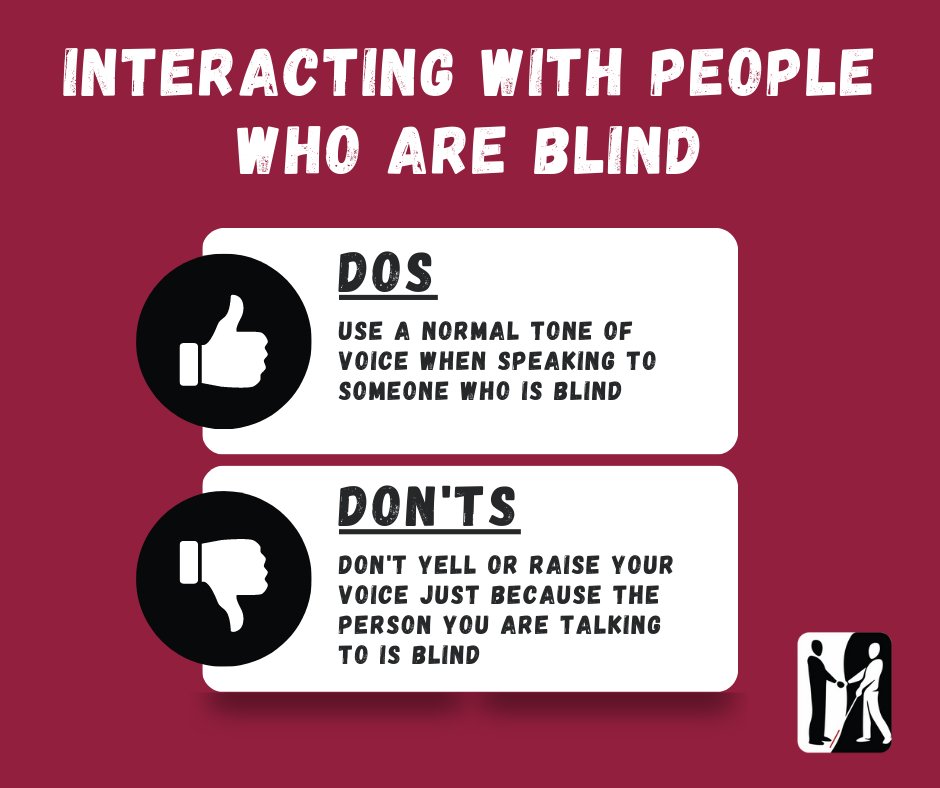 When talking to someone who is blind, DO use a normal tone of voice. DON'T yell or raise your voice just because someone is blind.  

#DosAndDonts #Blind #TheMoreYouKnow #VisionLoss #Respect #BlindNotBroken