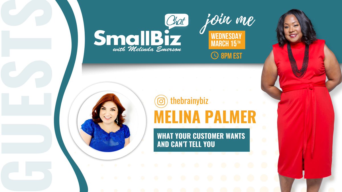 SmallBizLady's tweet photo. Don't miss out on this week's #SmallBizChat with Melina Palmer, CEO of @thebrainybiz ! It's all about what your customer wants &amp; can’t tell you and how to leverage the power of #behavioraleconomics to help great brands. Let's celebrate #WomensHistoryMonth! https://t.co/72Qe5EIKU7