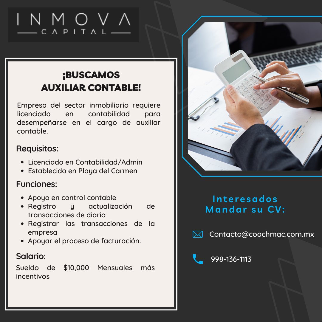 CoachMACMx's tweet photo. Oferta de trabajo: Auxiliar Contable

Beneficios:
-Sueldo $10,000
-Incentivos
-Prestaciones de ley

Requisitos:
-Licenciatura en Contabilidad
-1 año minimo de experiencia
-Conocimientos en Contpaq
-Conocimiento avanzado en Excel
-Vivir en Playa del carmen
#puestodetrabajo https://t.co/FQ6xpomklA