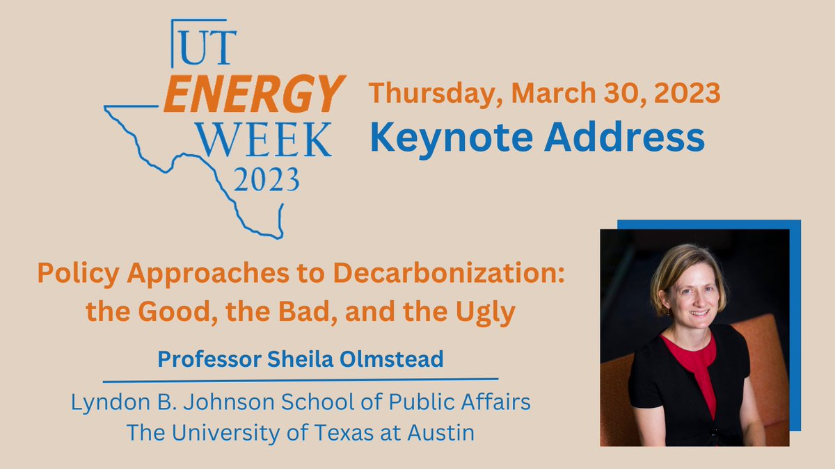 EnergyUT's tweet photo. Don’t miss Professor Sheila Olmstead from LBJ School of Public Affairs, as she delivers a Keynote Address on policy approaches to decarbonization, on Thursday, March 30, 2023 at UT Energy Week. 

Register Now: https://t.co/6e2IQ1CDKg 

#utenergyweek #energy https://t.co/J5rzPW1elo