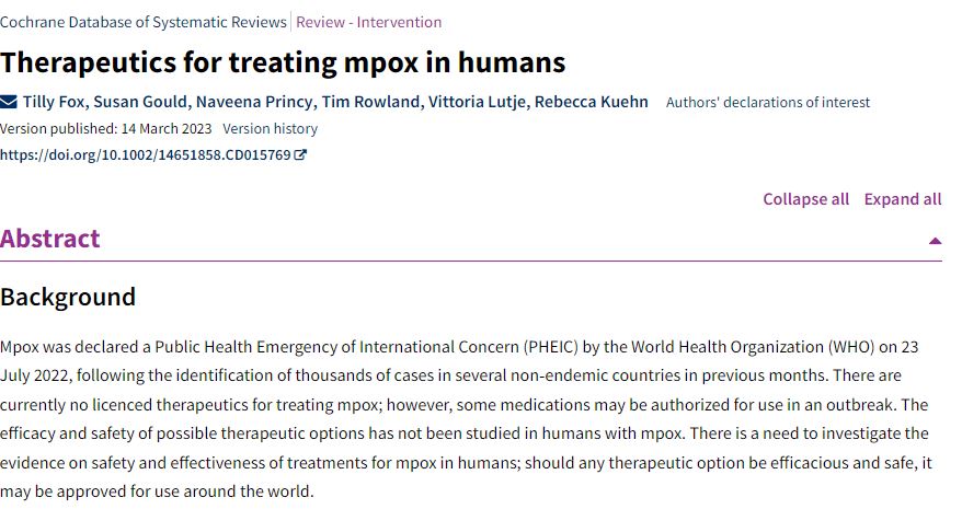 TillyFox16's tweet photo. Very pleased to have another #Cochrane review published: 'Therapeutics for treating mpox in humans' 💊https://t.co/UwPHUMTK8p

This will inform upcoming @WHO guidelines

Very grateful for the collaborative effort of my co-authors @SGould_LPL @vlutje1 Bec, Naveena, and Tim 🧵(1/3) https://t.co/KZEdgOLHM8