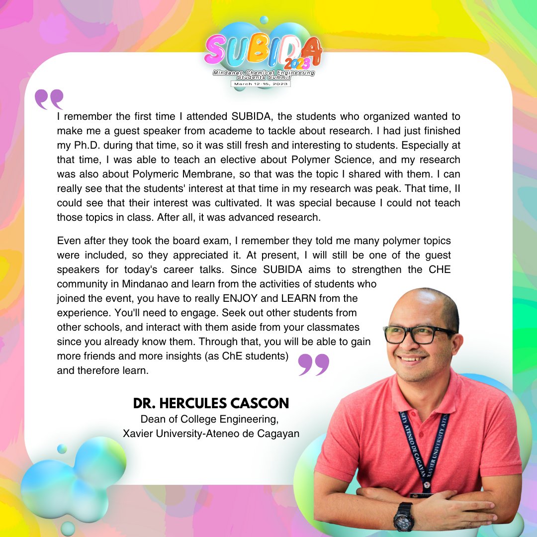 PIChEJCMindanao's tweet photo. Get inspired and take your career to the next level! The very own Dean of the College of Engineering from Xavier University-Ateneo de Cagayan will join us again in SUBIDA 2023 as one of the guest speakers!
#SUBIDA2023
#BreakingBarriers
#PICHEJCM https://t.co/Z7za099jbd