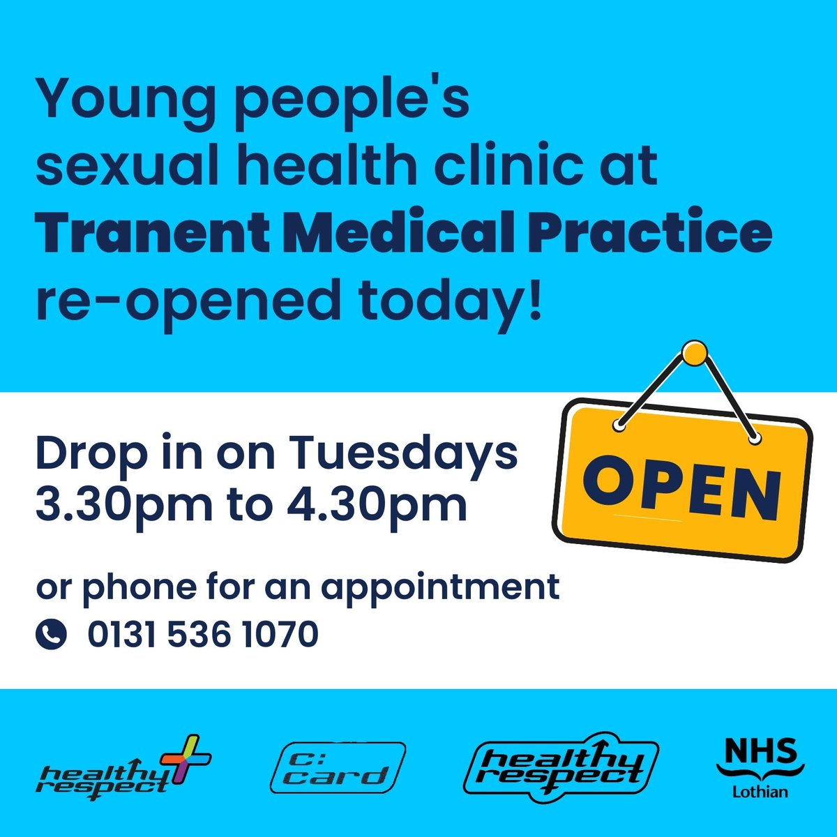 Young people's #sexualhealth clinic at Tranent Medical Practice is open again! 

Young people 13-18 years old can get:
- Free and confidential STI testing and treatment  
- Pregnancy testing
- Emergency contraception 
- Contraception
- A chat with staff

#youngpeople