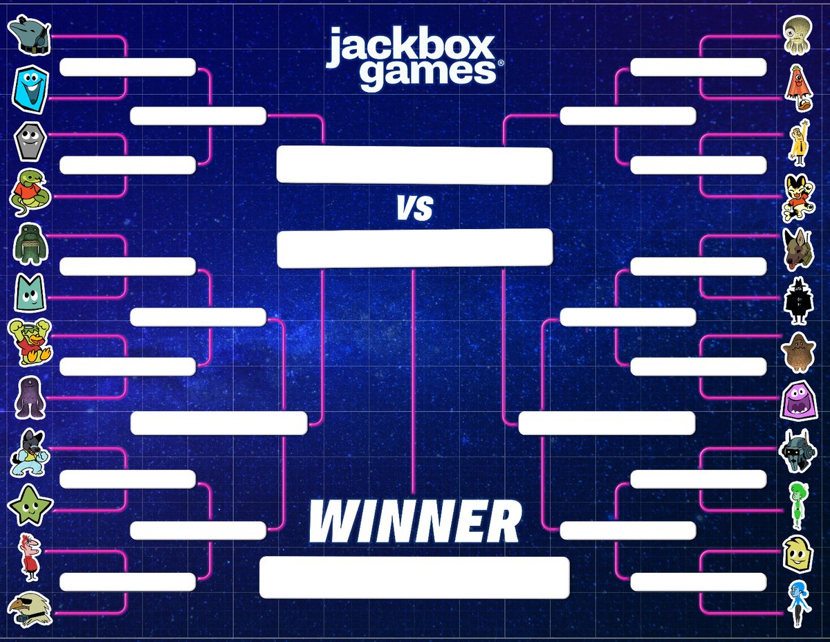jackboxgames's tweet photo. It's March, which means it's time to fill out your brackets. 

Fill out this #PartyPack3 character bracket and share your winners using #JackboxBrackbox! https://t.co/SsGpcl0TMD