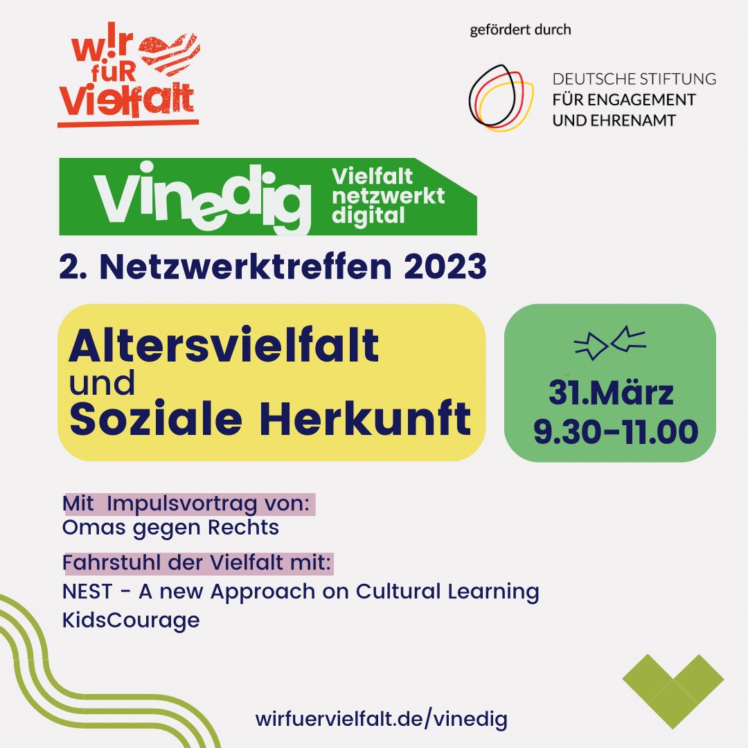 WirfuerVielfalt's tweet photo. 2. #ViNeDig-ZOOM am 31.03., 9.30-11h, zu #ALTERSVIELFALT & #SOZIALEHERKUNFT
Impulsvortrag: @OMASGEGENRECHTS
Trefft auch @NESTproject2019, #kidscourage , …
Jetzt kostenlos anmelden, liebe Sensi-Projekte für #Vielfalt:
https://t.co/BWTVlPXHxb
Gerne RT! 🙏 @D_S_E_E! https://t.co/AroM6g8GMj