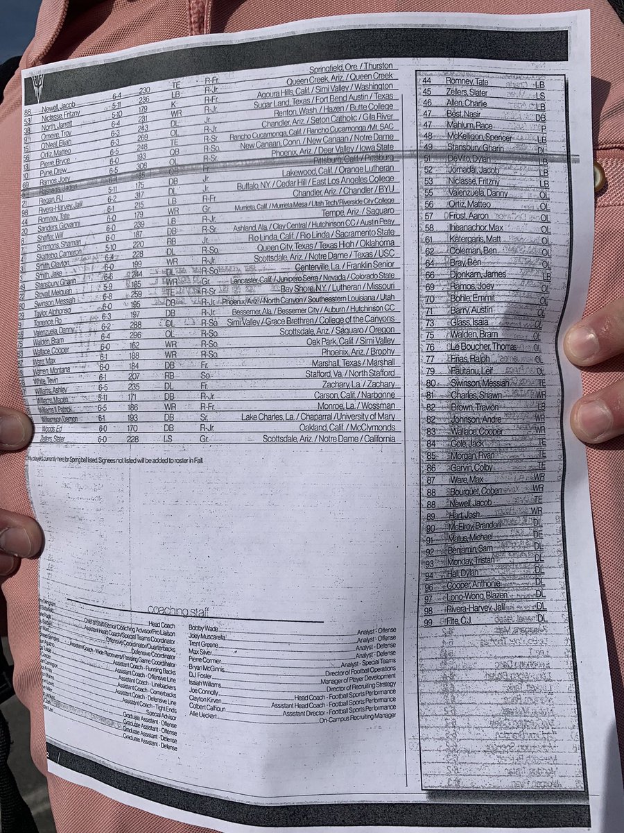 ChrisKarpman's tweet photo. Updated rosters with new heights and weights as we wait to watch ASU’s first Dillingham-era spring practice. The fifth head coach I’ve covered. https://t.co/ooMlSImlRz