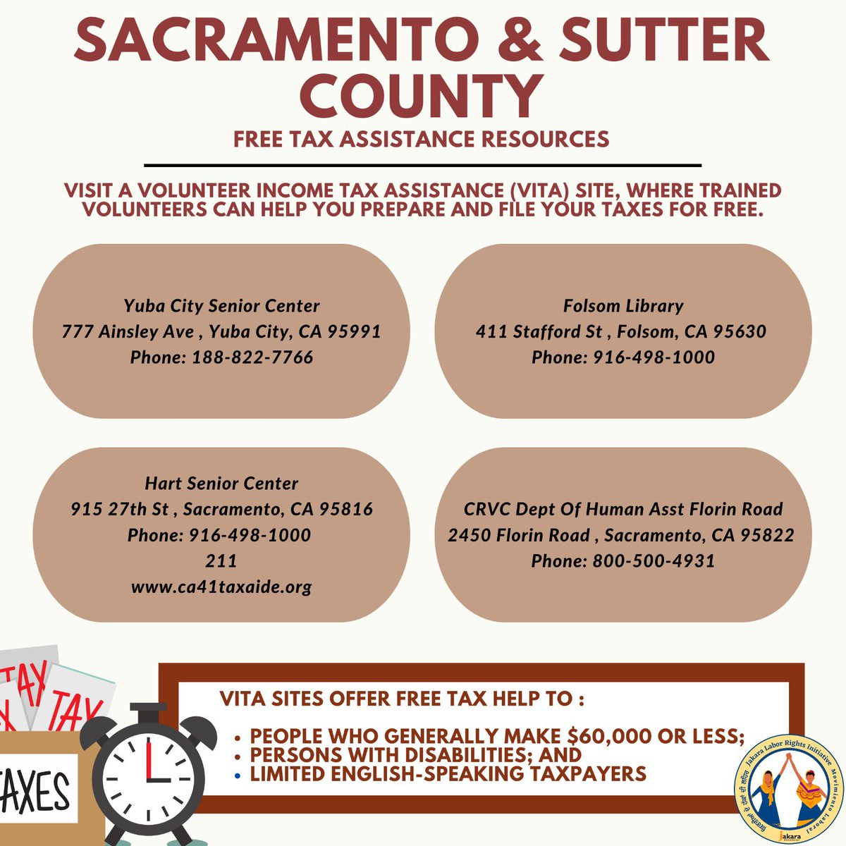 JakaraLRI's tweet photo. Still need to file your taxes?! Check out one of these places in Sacramento and Sutter county that will file your taxes for free! 

PSA: The filing deadline for the 2022 federal tax return is April 18, 2023.

#sacramento #yubacity #sacramentocounty #suttercounty https://t.co/QdhnoGqIrv