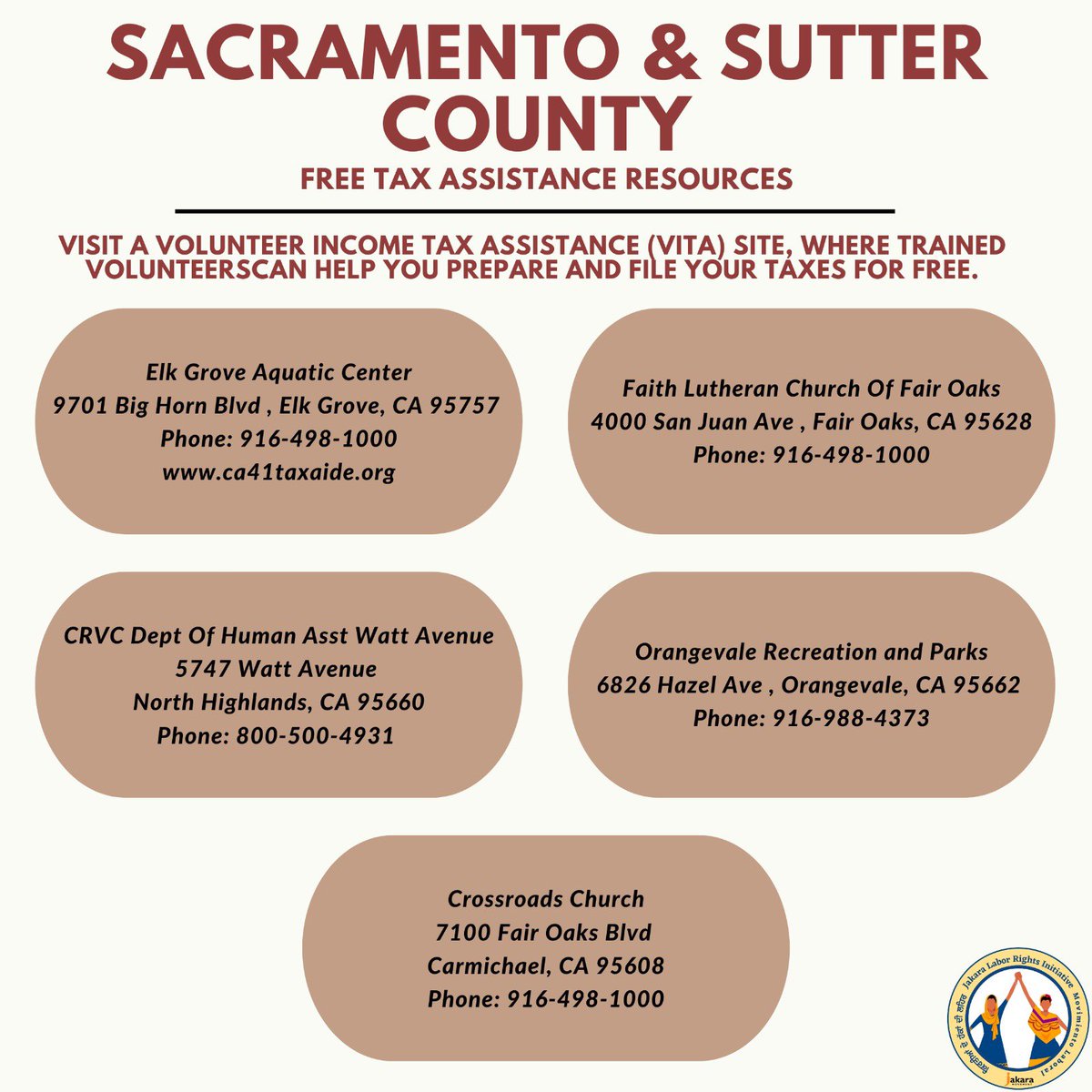 JakaraLRI's tweet photo. Still need to file your taxes?! Check out one of these places in Sacramento and Sutter county that will file your taxes for free! 

PSA: The filing deadline for the 2022 federal tax return is April 18, 2023.

#sacramento #yubacity #sacramentocounty #suttercounty https://t.co/QdhnoGqIrv