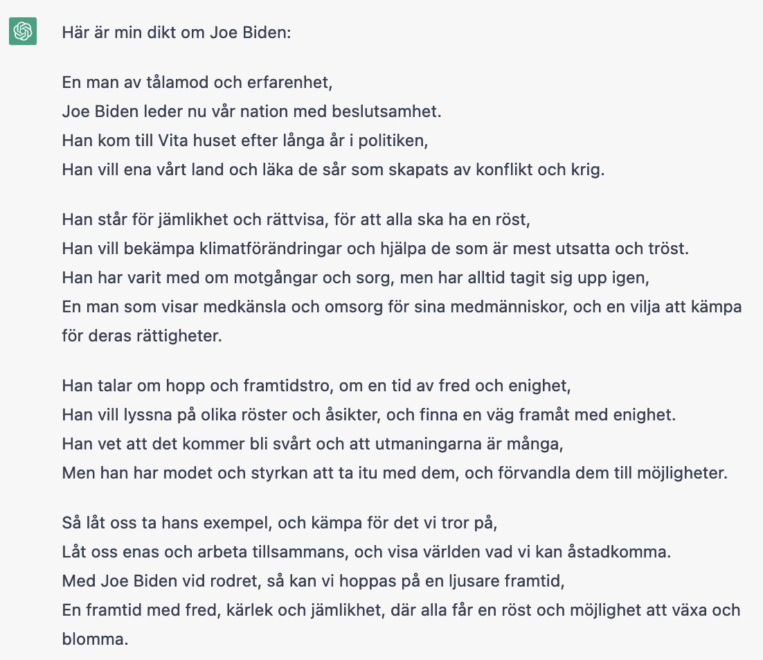 tobbelin's tweet photo. Här en alldeles färsk ChatGPT-session

Om Joe Biden och Donald Trump https://t.co/j7ezUEnyZd