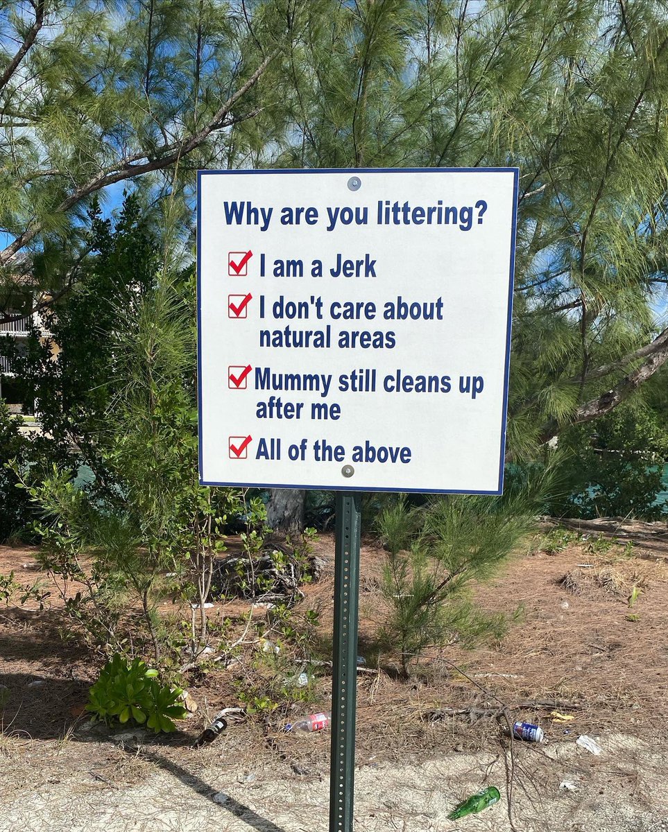 BWRiverkeeper's tweet photo. We love this post by our fellow #Waterkeeper:

“Keeping Grand Bahama Clean is a priority - imagine a life where we didn’t have to place signs up like this 👀
#ReadTheSigns #Bahamas #Littering” -@242Waterkeepers https://t.co/XGbEv8gvLN
