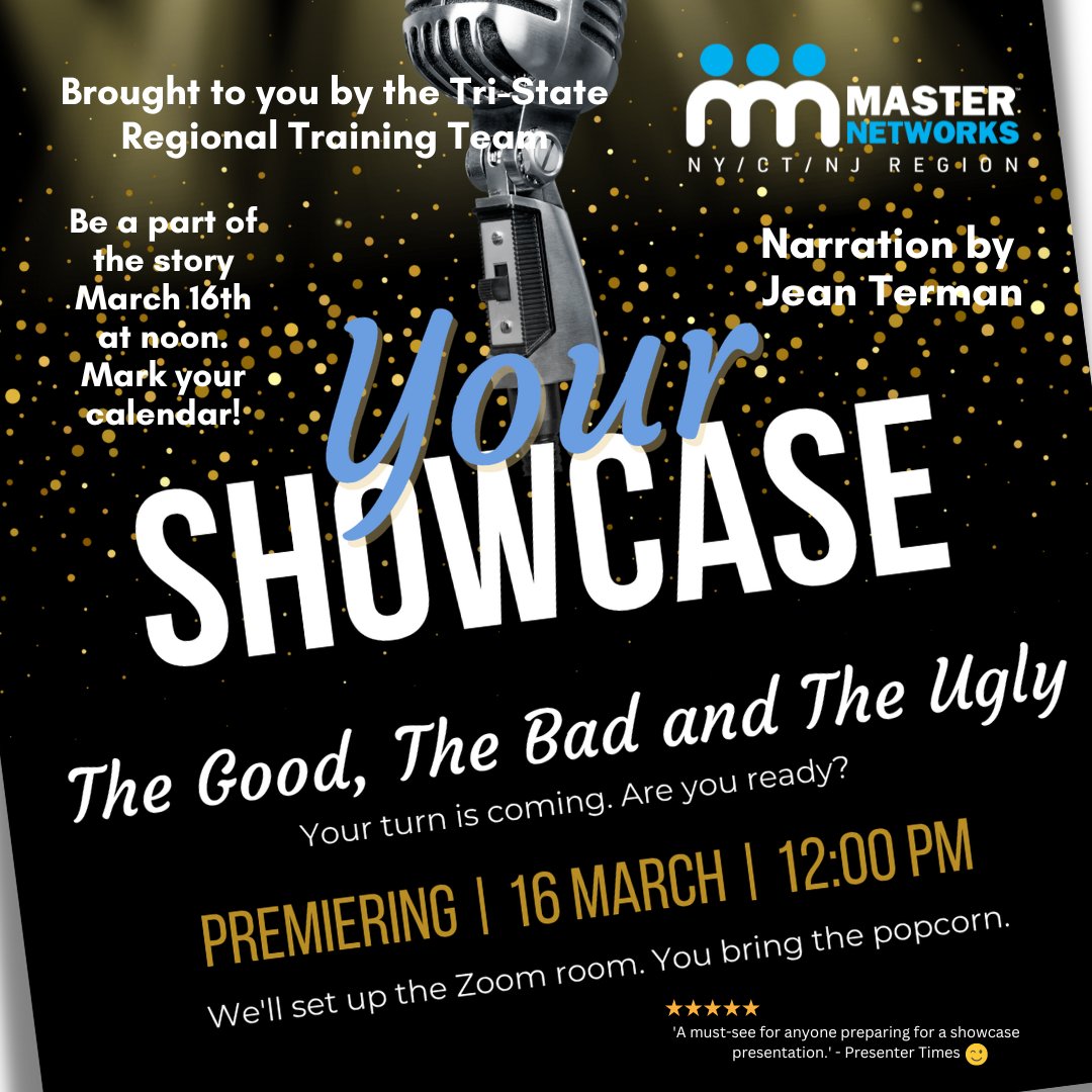 Networking_NY's tweet image. This Thursday, March 16th, it's Showcase training time! This one is all about creating presentations that leave an impression, a good one! 

Join us on Zoom at !2:00 PM EDT 

#networkingny #networkingnj #masternetworks #localbusiness #relationships #motivation #inspiration