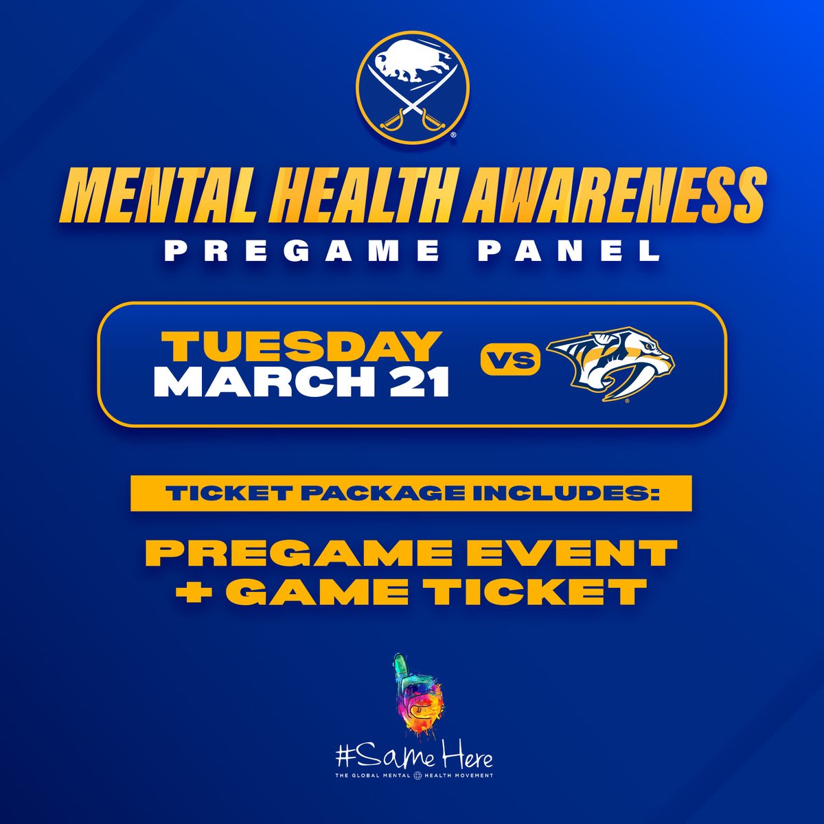 BuffaloSabres's tweet photo. A conversation for us all 💙

We are hosting a mental health awareness pregame panel with the #SameHere Organization! Details: https://t.co/8QIA2ACfGo https://t.co/BbzKInBrdu
