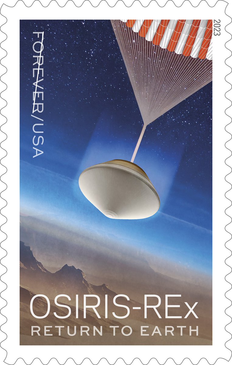 📬 Special Delivery! On Sept. 24, 2023, the #OSIRISREx spacecraft will deliver a capsule of precious asteroid material to Earth and @USPS just announced there will be a stamp to mark the occasion! nasa.gov/osirisrex #ToBennuAndBack