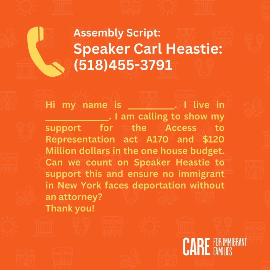 📞CALL IN DAY: As NYS leadership finalizes the budget & we need #CARE4IF to be included.

Join the #CARE4IF coalition  & call your rep to demand support for the #AccesstoRepresentation Act in our state budget!

@CarlHeastie: (518) 455-3791
@AndreaSCousins: (518) 455-2715