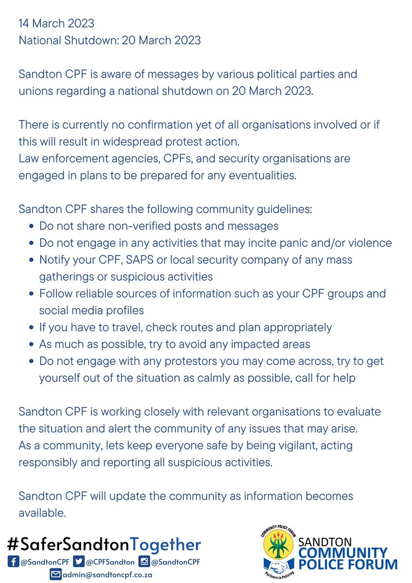 CPFSandton's tweet photo. #NationalShutdown update from Sandton CPF https://t.co/OkvIGZxD6U