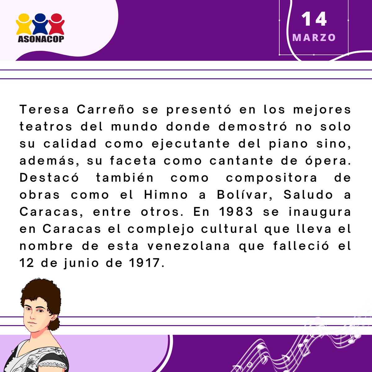María Teresa Gertrudis de Jesús Carreño García fue una pianista, mezzosoprano y compositora venezolana. Ha sido calificada por muchos expertos como la principal pianista de América Latina de los siglos XIX y XX, así una de las pianistas y compositoras más importantes del mundo.