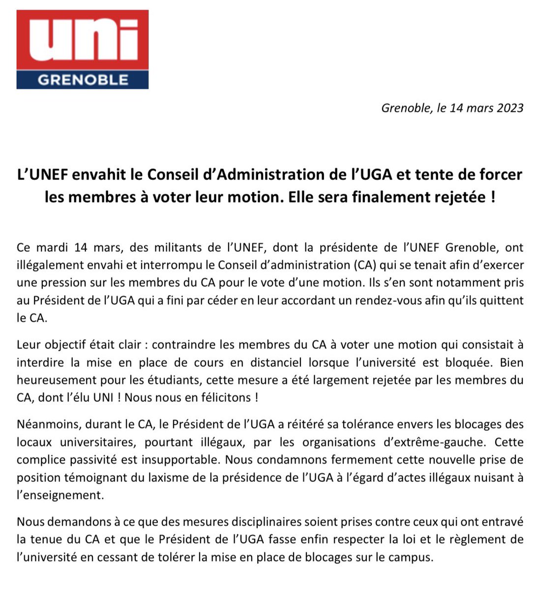 unigrenoble's tweet photo. Sous l’impulsion de l’UNI, rejet massif de la motion visant à interdire la mise en place de cours en distanciel en cas de blocages à l’@UGrenobleAlpes ! 

Nous continuerons le combat pour soutenir la liberté d’étudier ! 🔴⚪️ https://t.co/Tczo9z1rTm