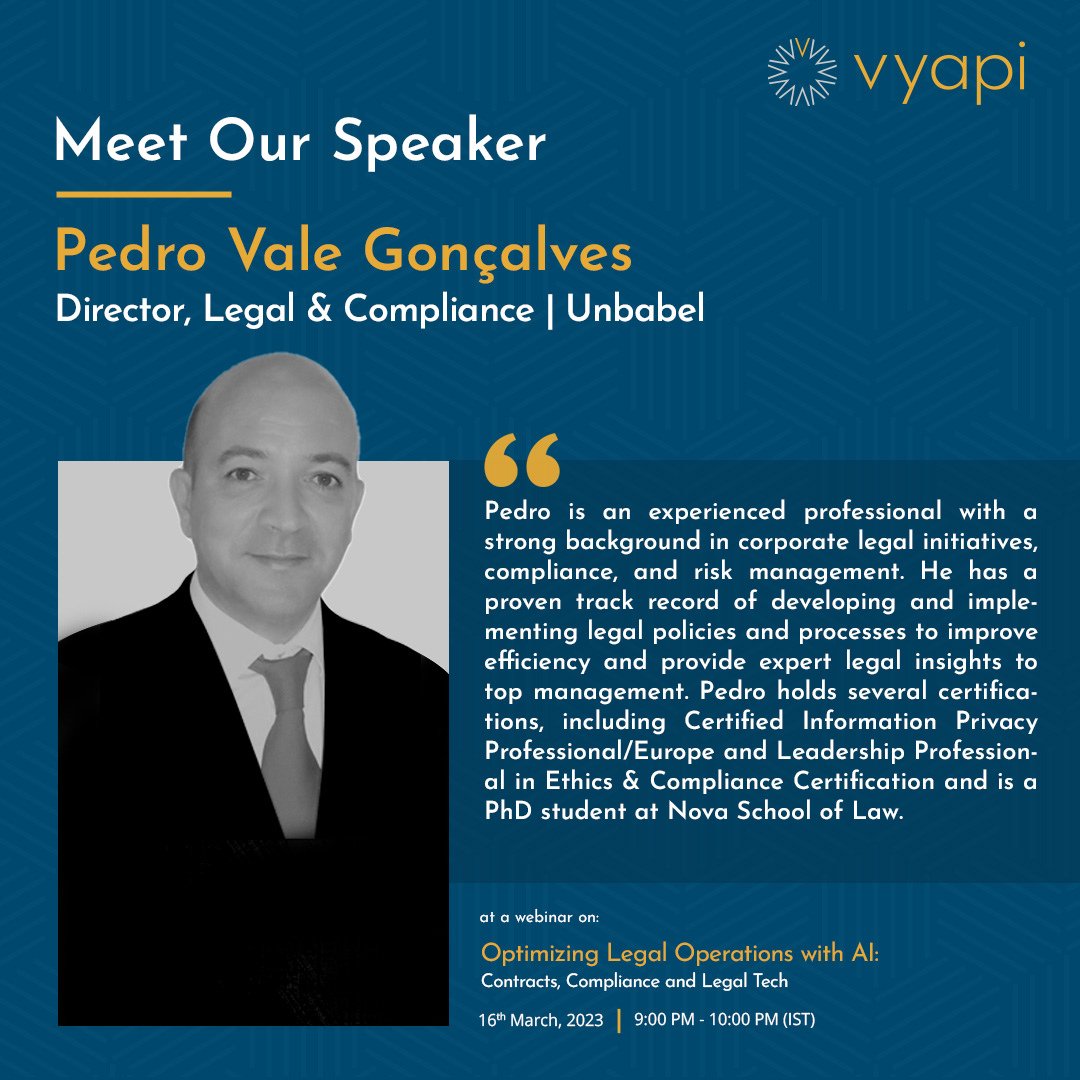 vyapi4contracts's tweet photo. Join us to hear from @Pedro Vale Gonçalves, a legal initiatives leader with extensive experience. He Shares insights on AI & Law.
Event details & registration - https://t.co/xTCPIuzAiR
#AIandLaw #LegalOps #Webinar #vyapi #alsp https://t.co/Xvtdb8HyWR