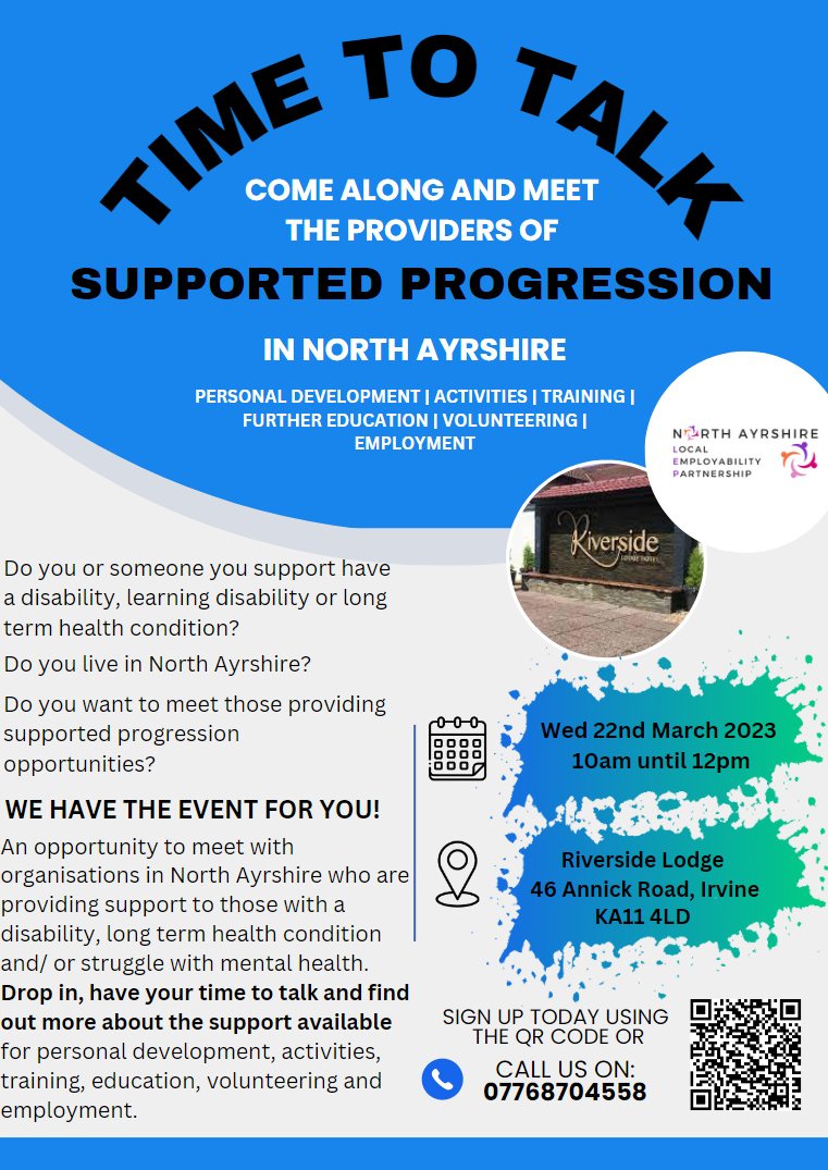 North_Ayrshire's tweet photo. Do you have a disability, long term health condition or struggle with mental health? Come along to this free event on Weds 22 March between 10am - 12pm at Riverside Lodge, Irvine to find out about the services available in North Ayrshire. Register here: https://t.co/YVqPDXeANz https://t.co/AmatAEQquh