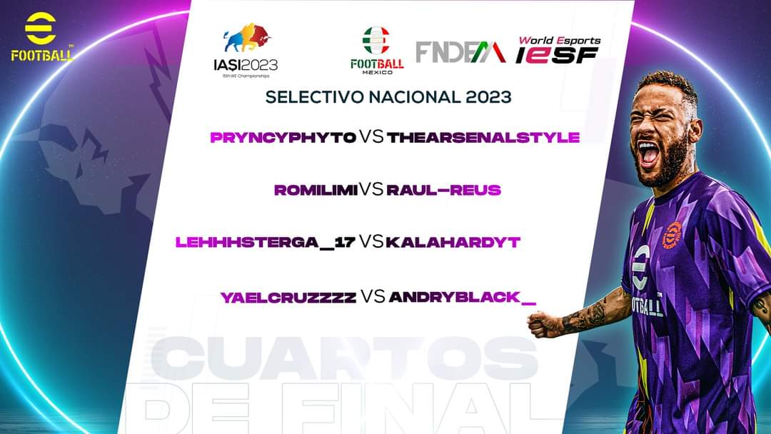 El silbato aún no suena y la competencia por ser el mejor llega a uno de sus puntos más críticos.

Los 4tos de final del Selectivo Nacional de #efootball 2023 están aquí.

<a href="/IeSF_Master/">Esports fan</a>
@IesfPanam
<a href="/efootball_mx/">efootball.mx</a>

#WorldEsports #IASI2023 #WEC23 #IESF