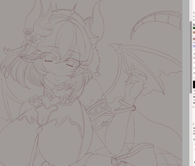 線画完了
線画のお話としてはクリスタの丸ペン使ってます
太さは3.7～4.5ぐらいで描いてることが多いです
線は二つのことを極めると格段にundoが減ります
それは直線を描く練習 同じ場所に何度も線をすらっと描く練習 あと正円に近い丸を描く練習
これで直線と曲線のコントロールを手に覚えさせます 