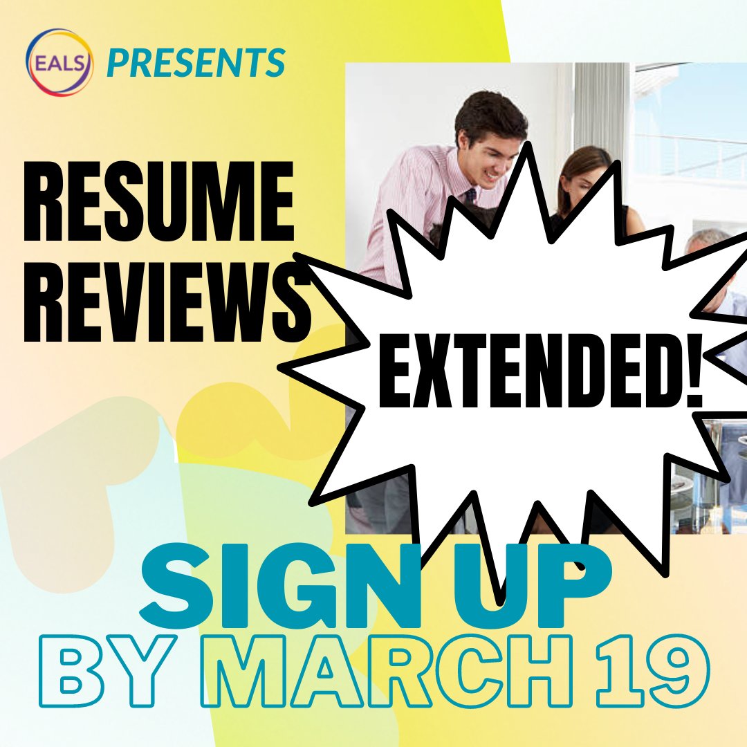 🚨 Date Extended!

You can now sign up for a resume review until this Sunday, March 19th! This is for EALS ticket holders, only. Don't have a ticket to EALS? What are you waiting for?! Link in our bio to purchase! 🎟️

Visit ealsatau.org to see the full day's schedule!