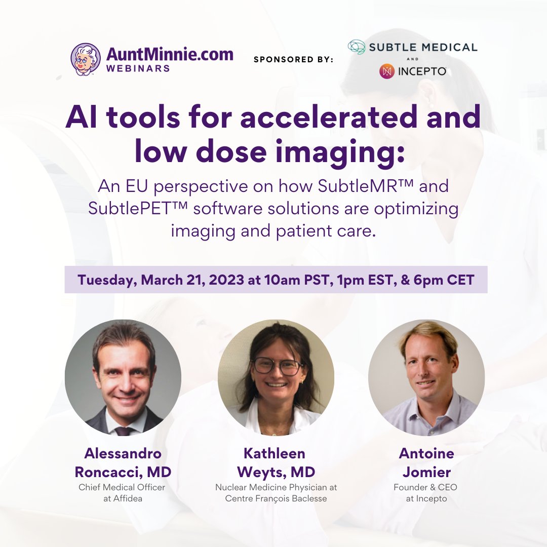 SubtleMedical's tweet photo. Join Subtle Medical, @inceptomedical, and @AuntMinnie next Tuesday, March 21st, to see how experts across the globe are leveraging Subtle’s AI tools to improve workflow efficiency, patience experience, and image quality.
Webinar Topics:
- Scanner agnostic AI tools that improve scan times across your entire fleet
- Examples of real world deployment of these AI tools in clinical practice
- Measuring results in terms of ROI and quality of care
Register now: https://t.co/6NhtnbVijf #SubtleMR #SubtlePET