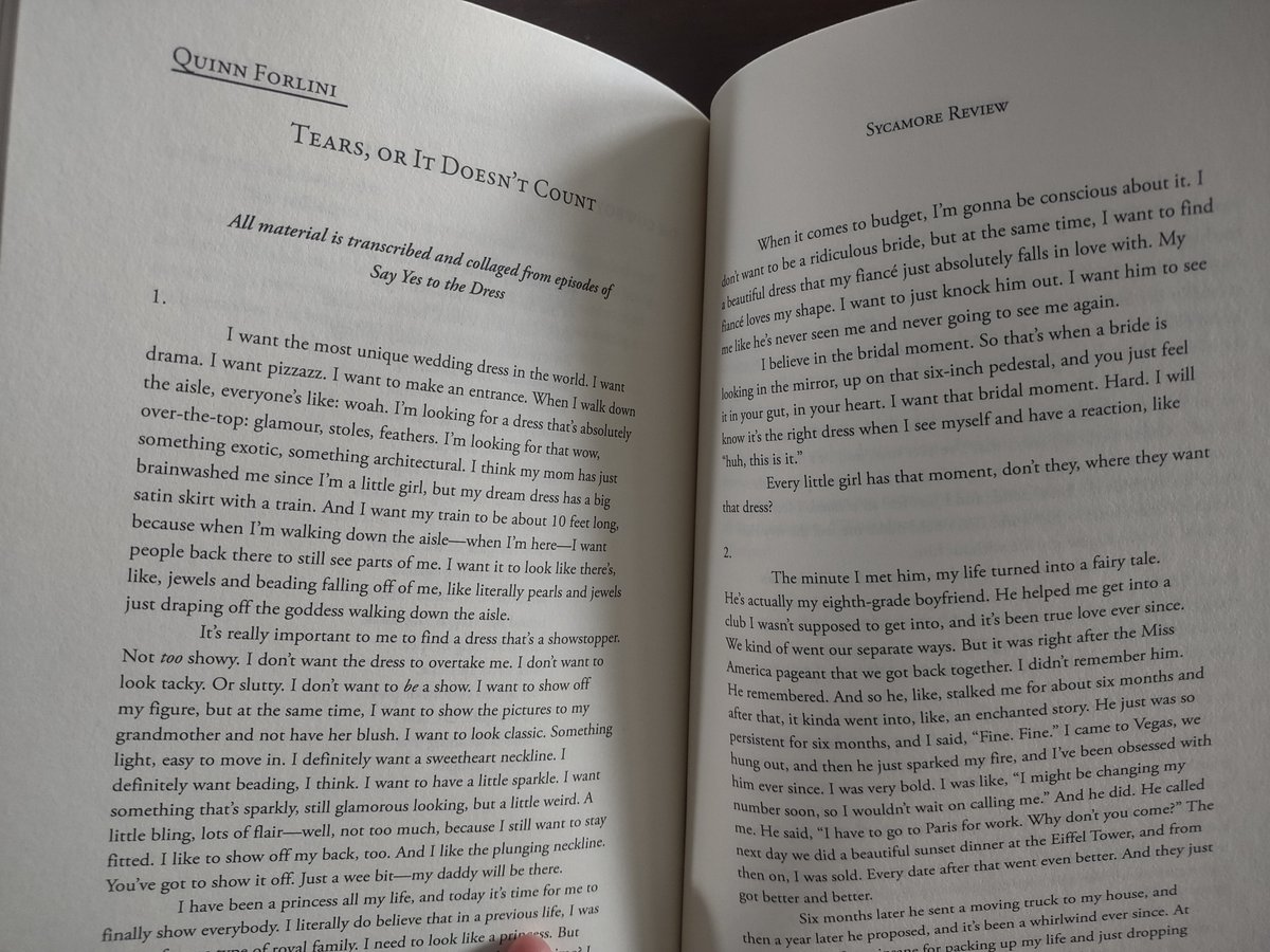 QuinnForlini's tweet photo. finished reading my contributor copy of @SycamoreReview &amp; it's fantastic. so grateful my strange story comprised entirely of transcribed dialogue from Say Yes to the Dress found this home. 

Q: was it worth watching so much SYTTD for this?
A: yes, but I'll never watch it again https://t.co/A7wRepCx9U