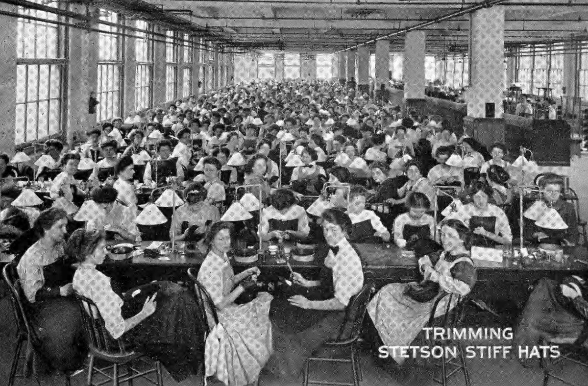 hagleymuseum's tweet photo. "The greatest care is given to detail" 🪡 Pictured is a postcard of women in a manufacturing hats at the John B. Stetson plant in 1913. Learn more here https://t.co/GoHFdxFfhP #archives #womenshistory https://t.co/7KMYx9xuee