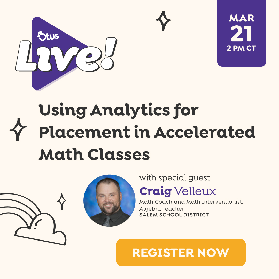 OtusK12's tweet photo. Otus champion Craig from Salem School District is ready to be your Otus Live host!

As educators are looking into student placement for next year, Craig will share how to use analytics data and group students accordingly: https://t.co/sIubZuoE8C https://t.co/oQYP3Rcuox
