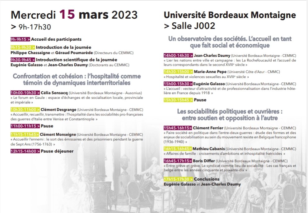 jean_daumy's tweet photo. C'est demain ! La journée d'étude des jeunes chercheurs @Cemmc33 sur "Hospitalité, accueil et sociabilité, de l'antiquité à nos jours". Elle aura finalement lieu en salle 3 de la MSHA. 
Lien zoom pour suivre la journée à distance : https://t.co/MrlcgaTTtK https://t.co/yLWGZaCHyc