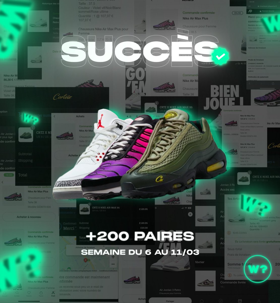 Recap de la semaine dernière chez WhenToCop? Notify 👨‍🍳

Entre les Jordan 3 White Cement, Air Max Plus et les Corteiz x Nike Air Max 95, nos membres ont bien mangé ⚡️

Qu’est-ce que tu attends pour nous rejoindre ? Inscris-toi à la liste d’attente ici : dashboard.whentocop-notify.com 🙌